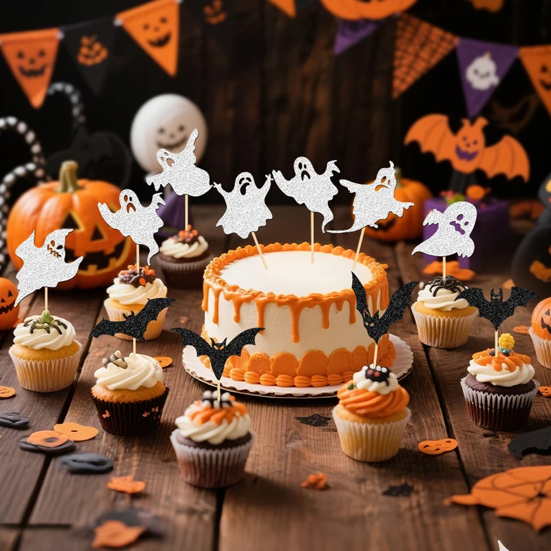 NUBECOM 24 Stück Halloween-Kuchenaufsätze, glitzernde Geister- und Fledermaus-Cupcake-Topper, Geburtstagskuchen-Dekoration, Halloween-Party-Kuchendekoration – Detail 7