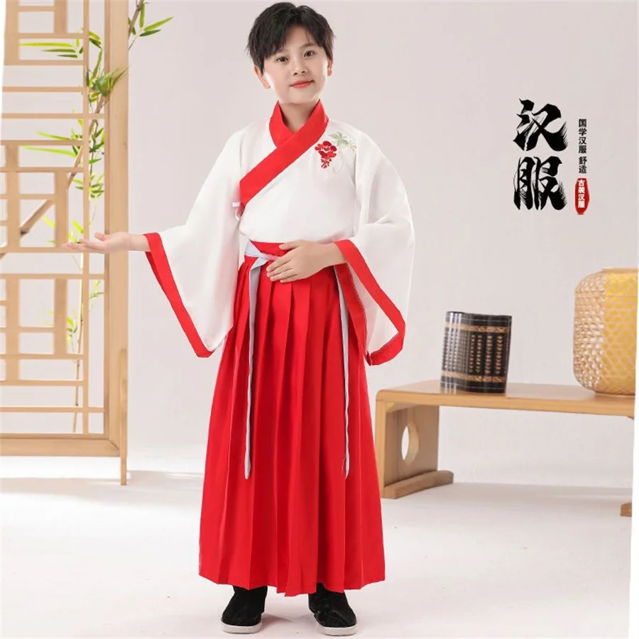 Chinesische alte traditionelle neue Kleidung Set für Kind Junge Mädchen Langarm Folk Dance Hanfu Tinte Malerei Druck Performance Kleid