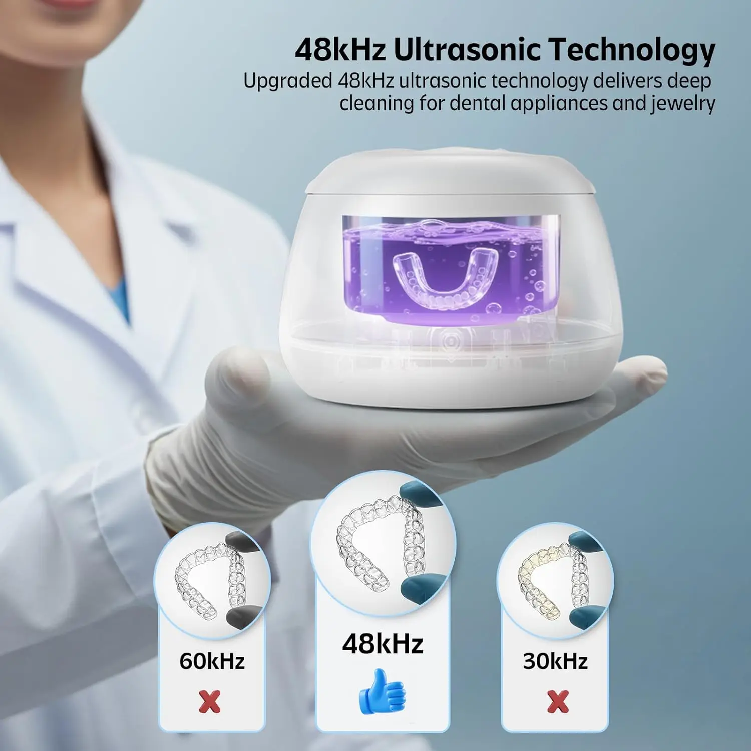 Ultrasonic Retainer Cleaner Machine 48kHz 200ML Capacity USB/Electric/Battery Powered Touch Control for Dentures Mouth Guards