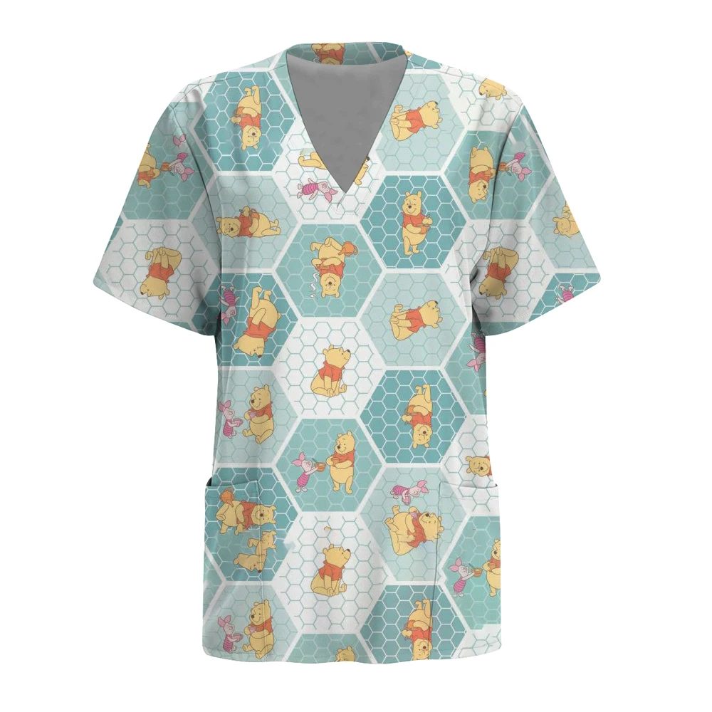 Surgical Uniforms Disney Winnie the Pooh print Pocket Design Surgical Costume Woman V-Neck Short Sleeve Nurse Medical Uniform