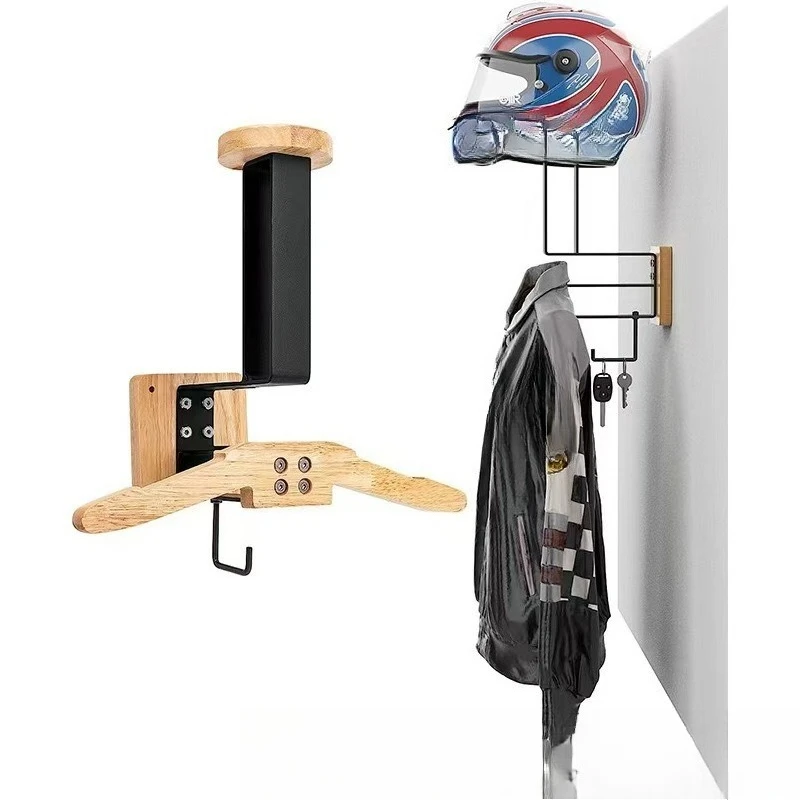 Motorcycle helmet rack, equipment wall rack, iron-wood combined locomotive leather jacket hanger, motorcycle helmet rack