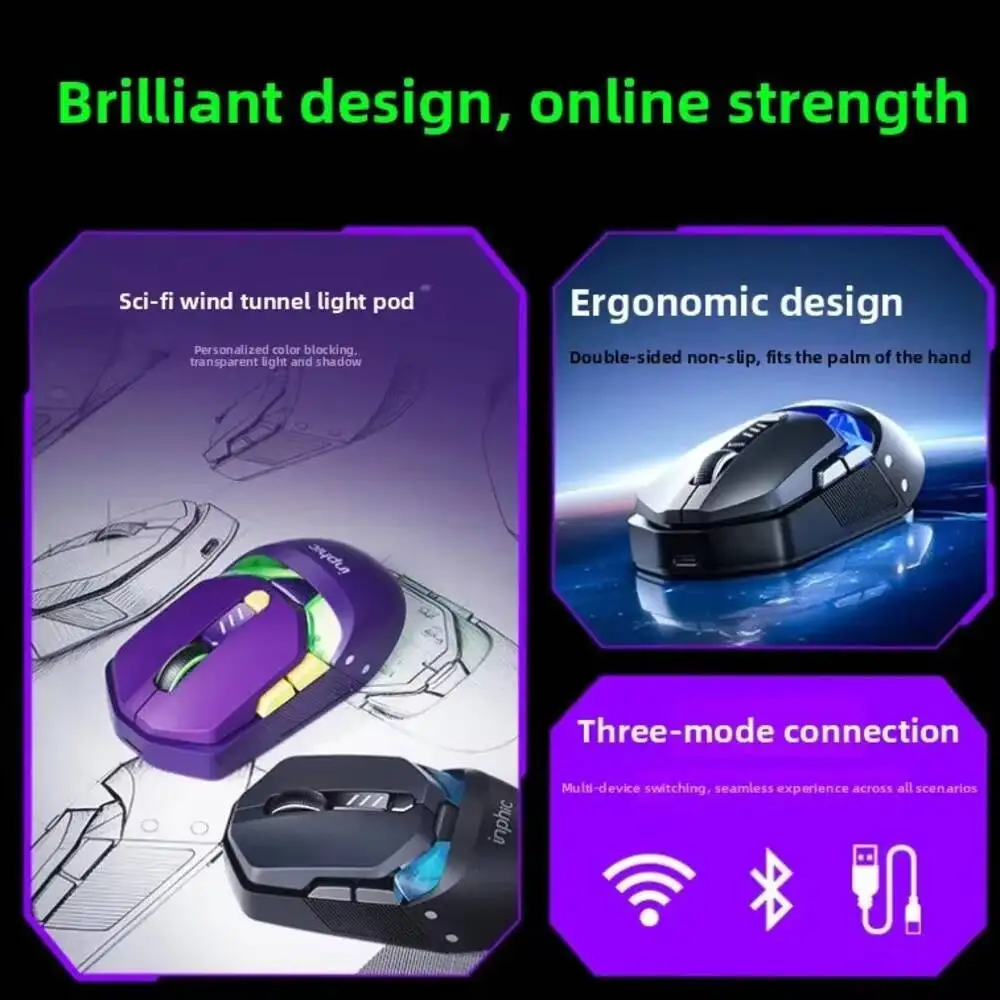 Bluetooth+2.4Ghz+Wired Tri-Mode Gaming Office RGB Luminous Rechargeable Mouse 12800 DPI Optical Ergonomic Mice For Laptop PC