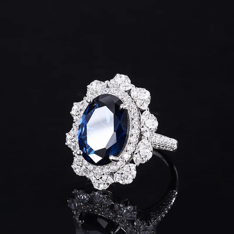 Jewelry S925 Full Silver Tanzanite Sapphire Pendant Ring Set Large Oval Main Stone 12*16