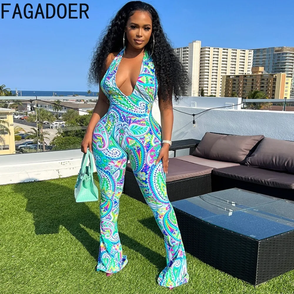 FAGADOER Green Fashion Retro Pattern Printing Halter Bodycon Jumpsuits Women Deep V Sleeveless Backless Playsuits Female Overall