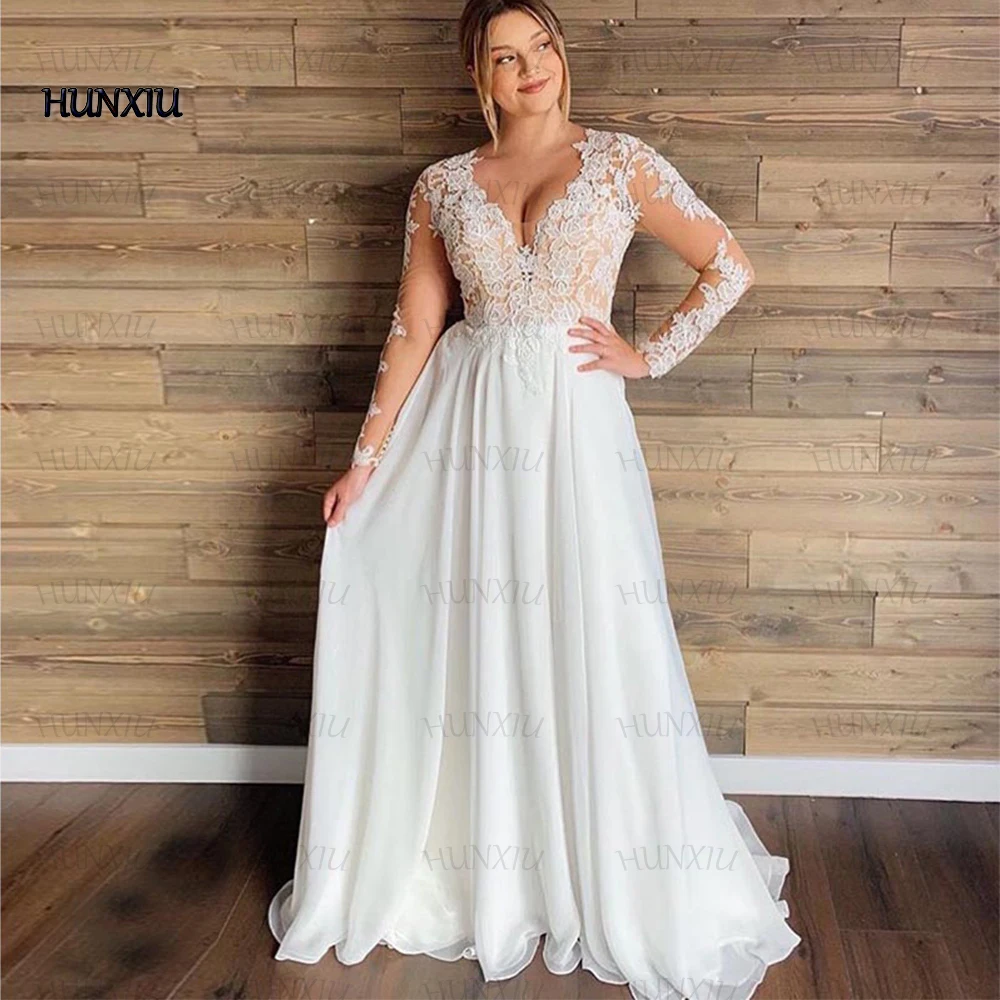 Classic Chiffon Wedding Dress Tulle Appliques Illusion V-Neck Bride Marry Dress Formal Beach and Seaside Bridal Robe De Mariée