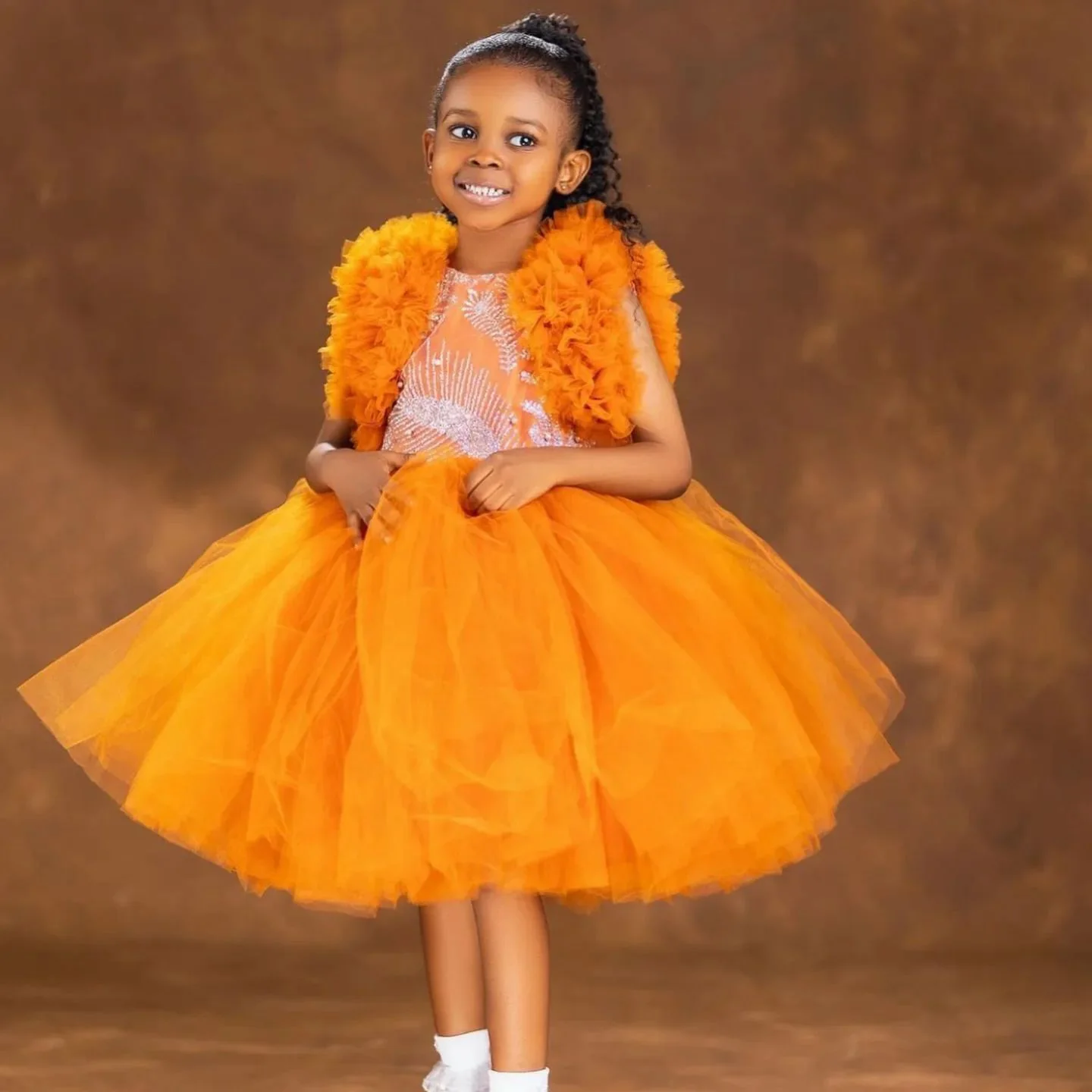 Vestidos de menina de flor laranja para casamento babados lantejoulas na altura do joelho princesa menina crianças festa aniversário primeira comunhão vestido