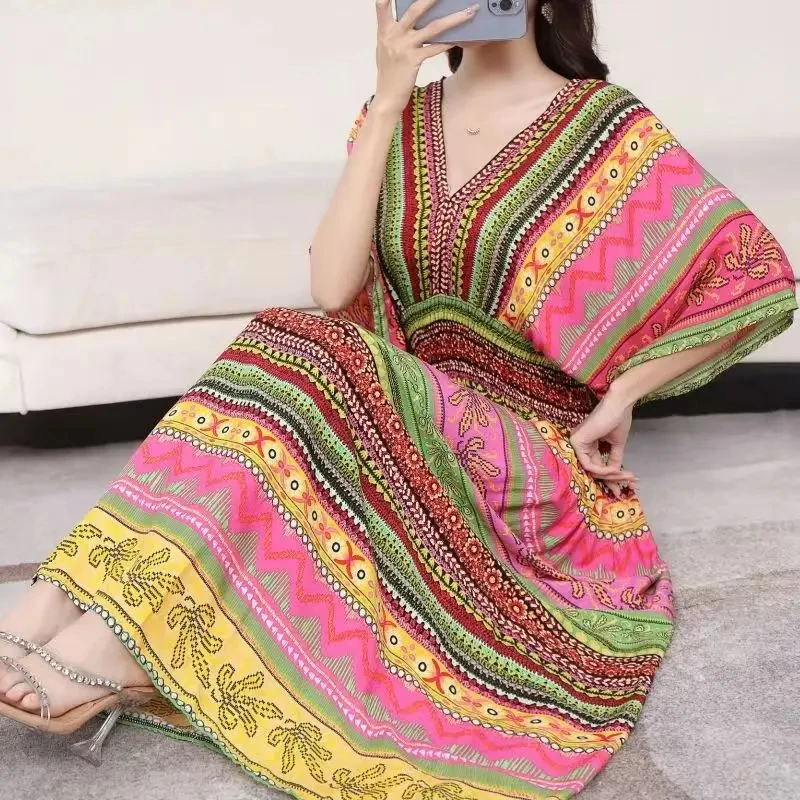 Bohemian Dress New Midi Dress Striped Colorful Flower V-Neck Party Dress Elastic Waist Large Swing Skirt Youthful Woman Clothes