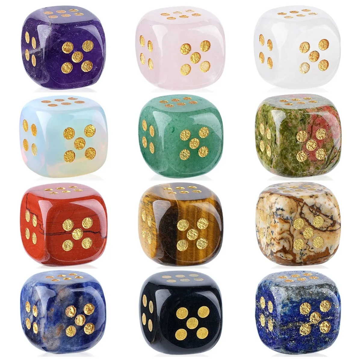 12PCS Unique Gemstone Dice Beads Pendants for D&D  Natural Stone Six-Sided Game Velvet Storage Bag for Role Playing