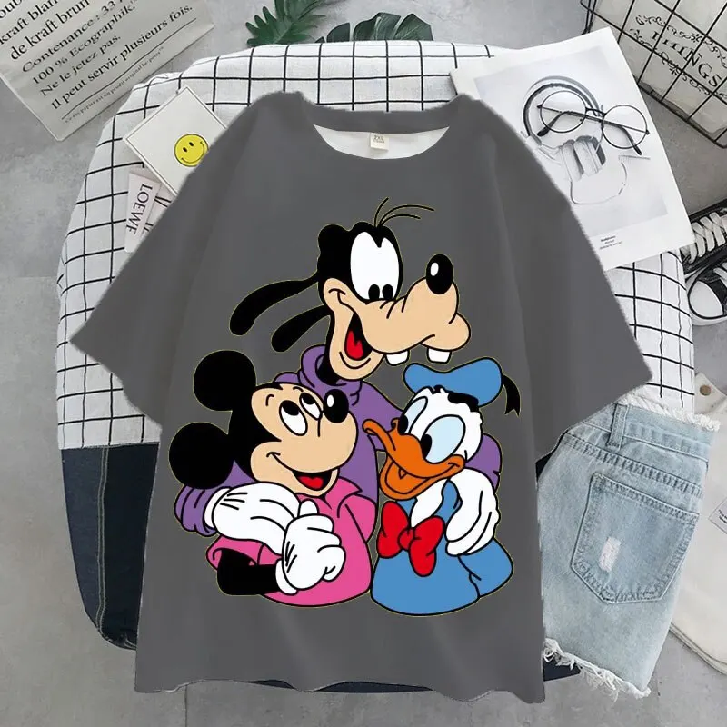 ديسني-تيشيرت هاراجو بأكمام قصيرة ، طباعة كرتون لطيفة ، ميكي ، دونالد دك ، رقبة مستديرة ، قمم نسائية ، الصيف