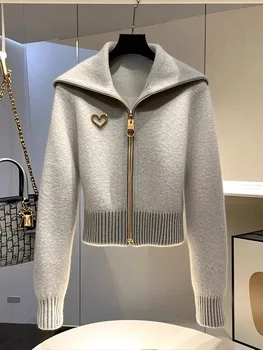 קוריאני ליגל אפור שיק ליפר סרוג סוודר קרדיגן נשים 2025 סתיו חורף חדש שרוול ארוך צדדי חולצות סרוגים