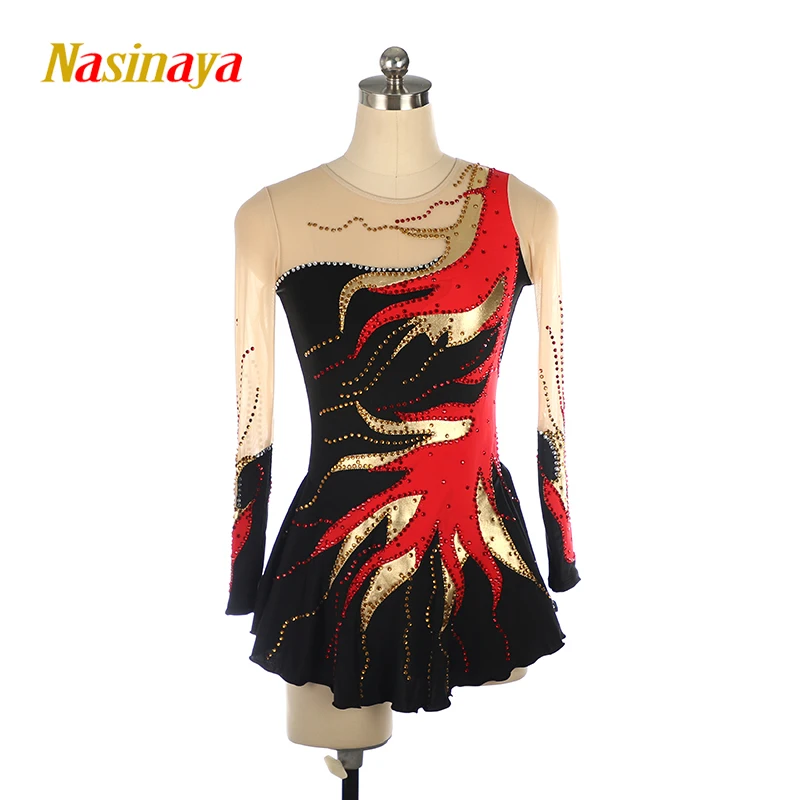 Figure Skating Dress Costume Competition Ice Skirt for Girl Women Kids Gymnastics Red Black Golden