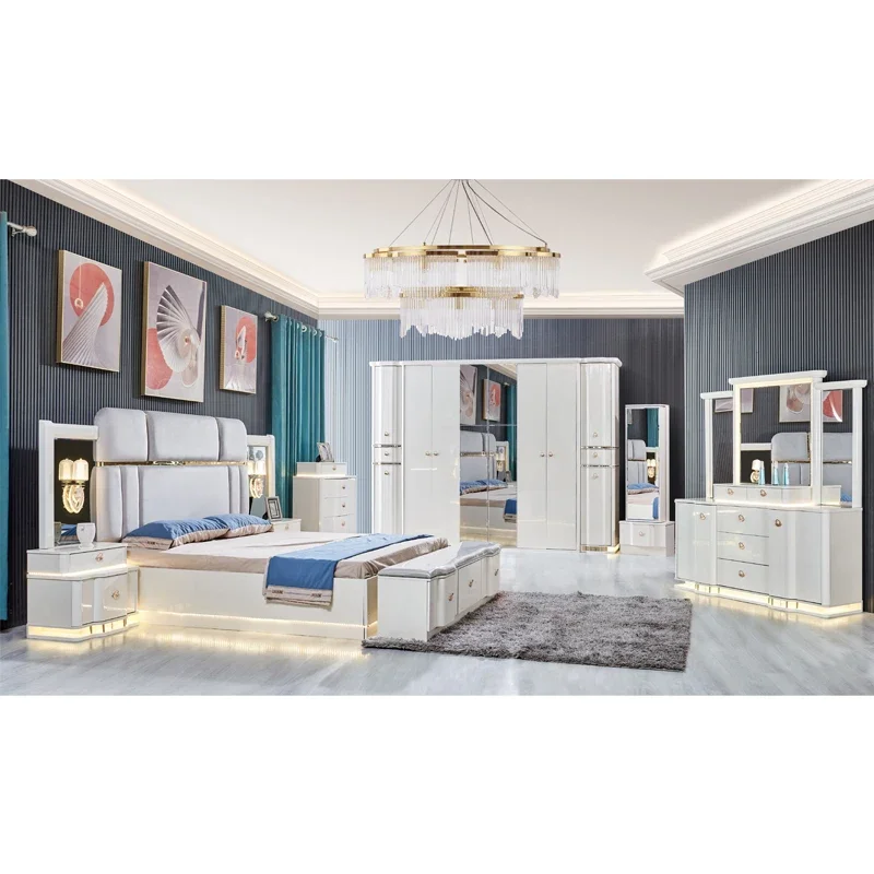 

A High Quality Wood Frame Luxury Leather King Size Bed Set Double Headboard Modern Wooden Mdf Full Home Furniture Bedroom Sets