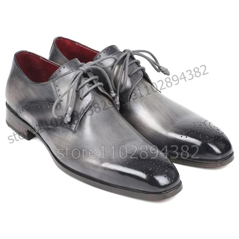 

Мужские туфли дерби с квадратным носком, серые с черным, на шнуровке, роскошные, ручной работы, для вечеринок, банкетов, офиса, модные мужские туфли для торжественных случаев