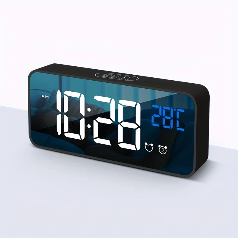 Rechargeable Digital Alarm Clock TEMP 2 Alarms Snooze Night Mode Voice Control Table Clock Power Switch 12/24H Music LED Clock