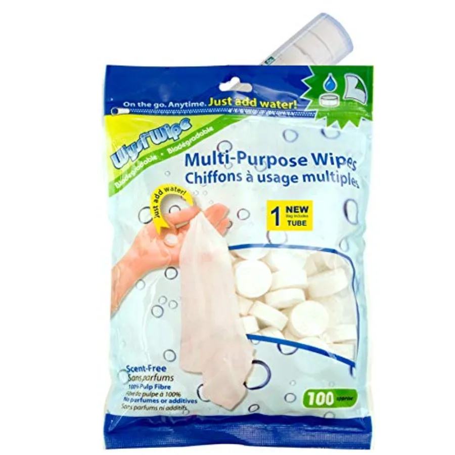 WYSI Multi-Purpose Wipes - Just Add Water - 100 Compressed Tablets and 1 To Go Tube - Multipurpose All Natural Reusable Wipes -