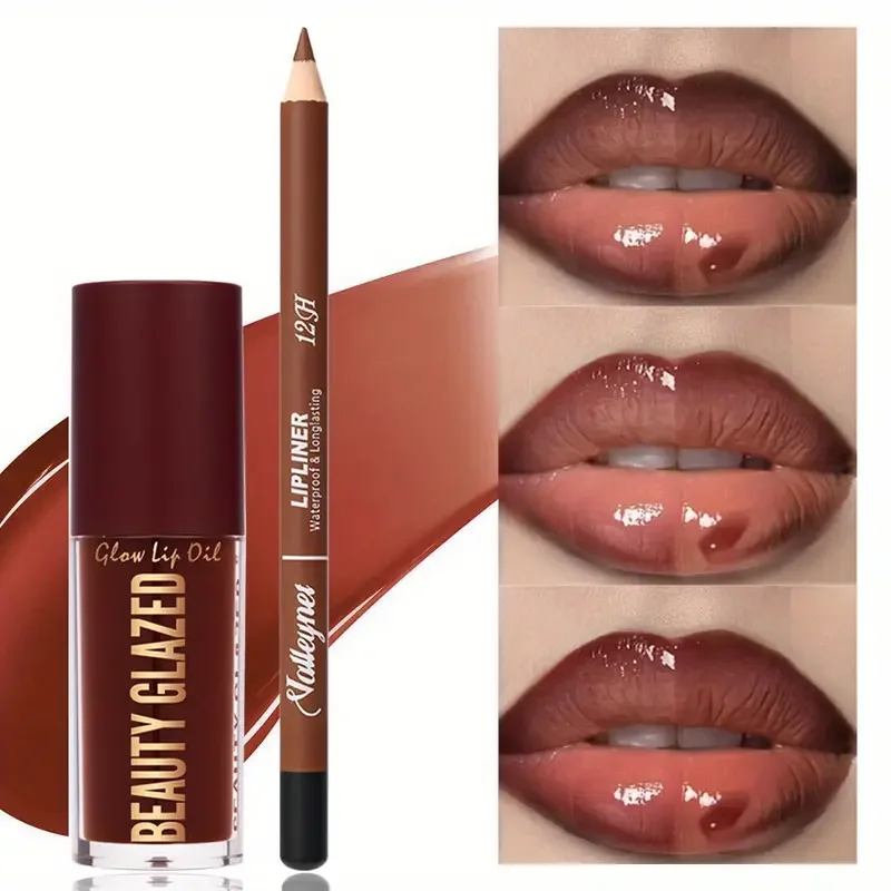 2 stks/set make-upset: matte lipliner + hydraterende gekleurde lipolie, langdurig en gemakkelijk te kleuren, waterdicht, mini make-up combo