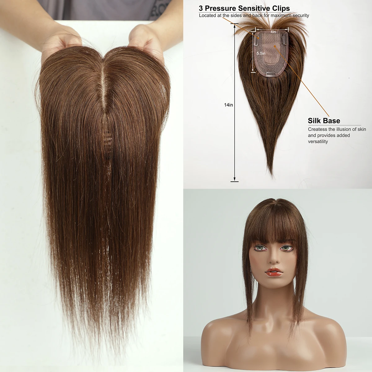 Toppers de cabelo 100% humano marrom, postiços remy para mulheres com cabelo desbaste, 14 tamanhos, base de seda reta, extensões de cabelo