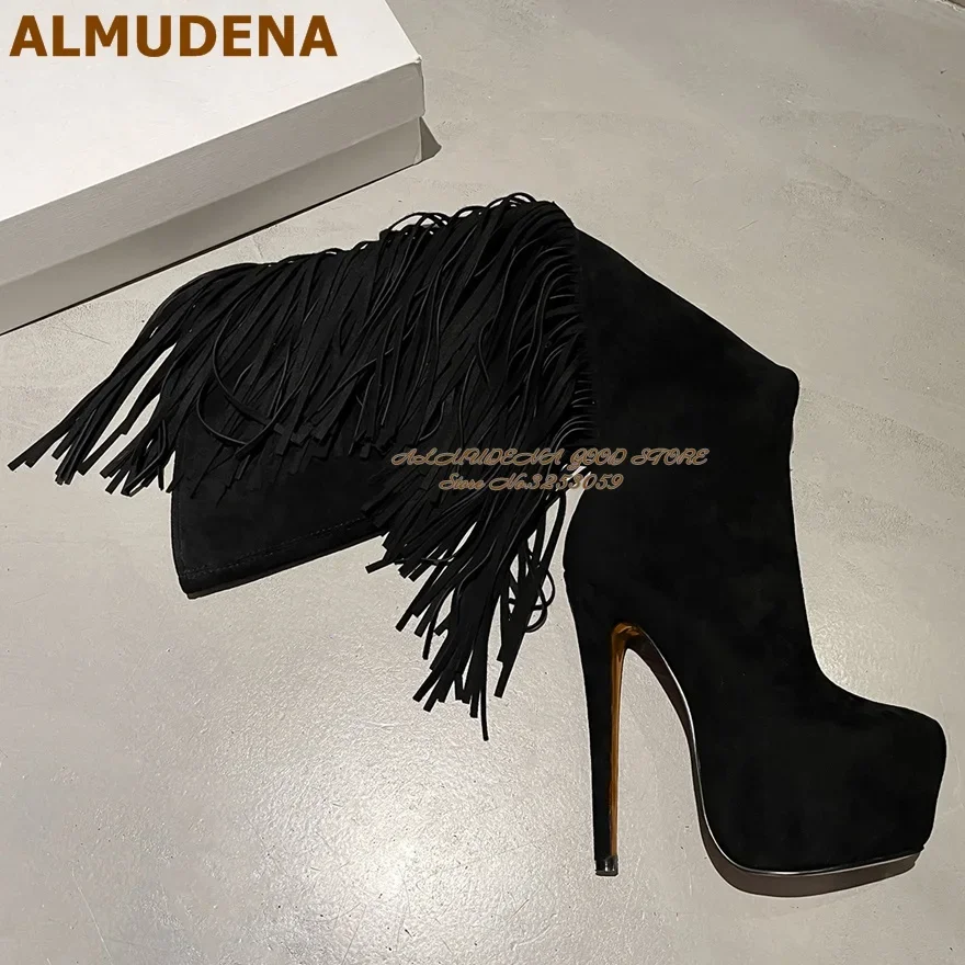 ALMUDENA Black Suede Fringe Over The Knee Boots Stiletto Heels Inside Platform Long Boots Elegant Tassel Zipped Dress Shoes