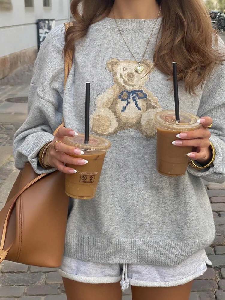 Damen-Pullover mit Cartoon-Bär-Muster, tiefe Schulter, langärmelig, lässig, faul, Winterpullover, geeignet für Herbst- und Winterpullover