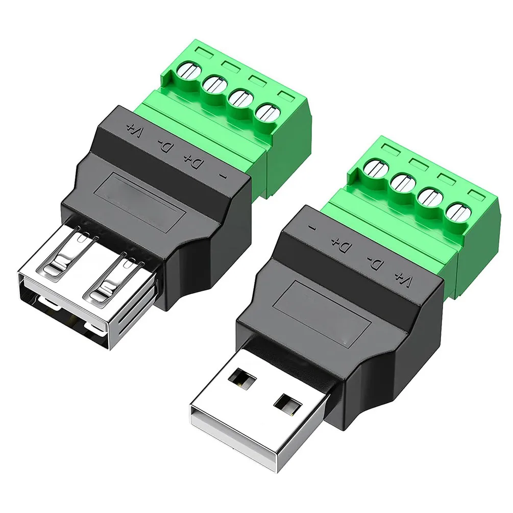 2PCS USB 2.0 A Screw Terminal Adapter USB Male To 4PIN Male Bolt Shielded Terminal Insertable Adapter Connector for Charging