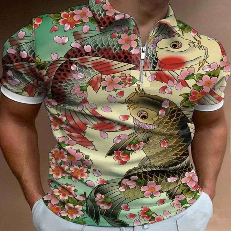 Vintage Japanese Feline Art Carp 3D Print Polo Zipper Short Sleeve Shirt for Men