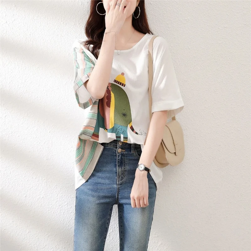 

Korean Fashion Summer Women's O-Neck Printing Patchwork Contrast Color Temperament Casual Loose Short Sleeve T-Shirts Tops