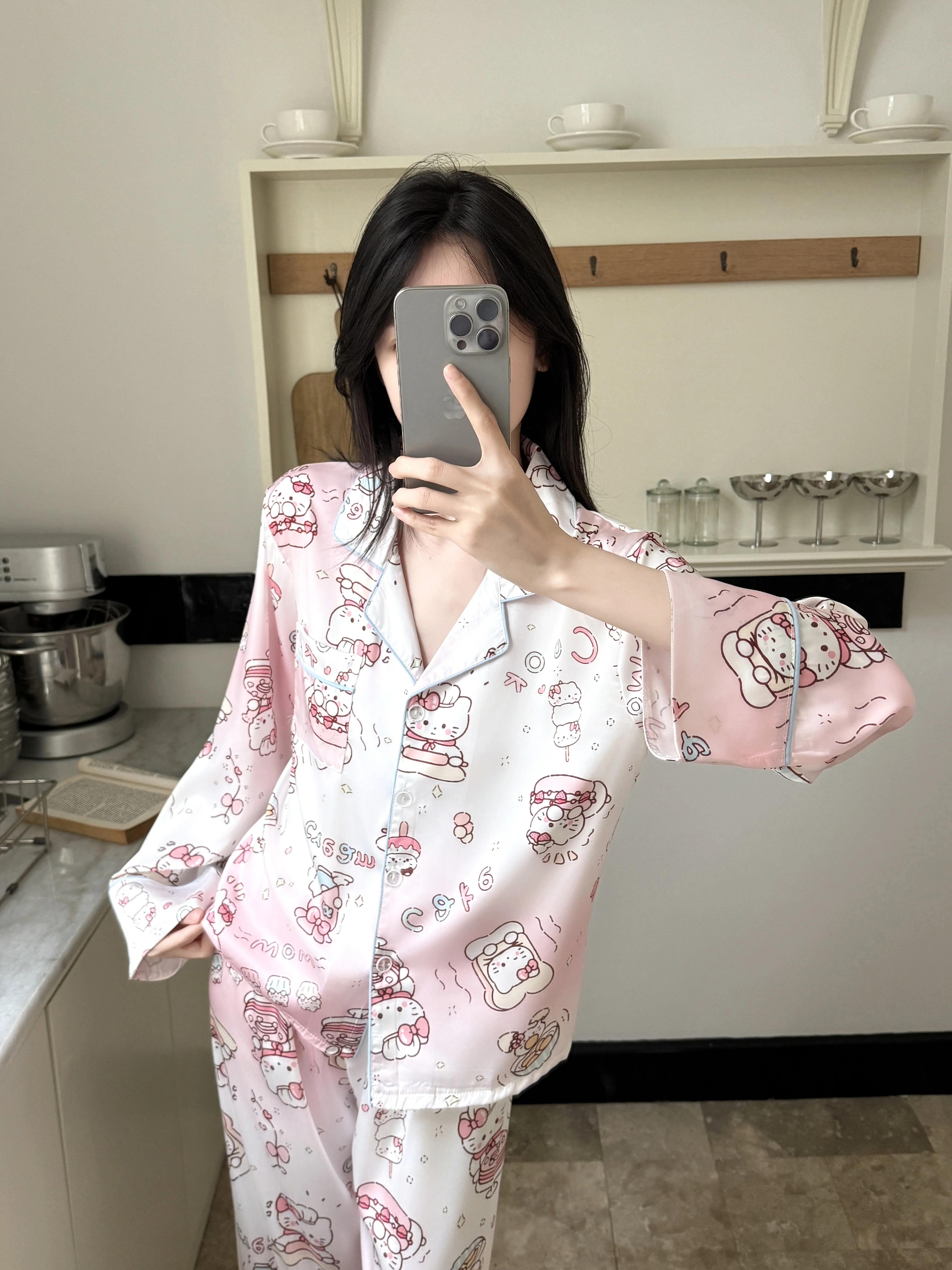 

Hello Kitty Teen Girls French Style Ice Silk Pajama Set Winter Long Sleeve Cute Cartoon Home Wear Kawaii Loungewear Outfit