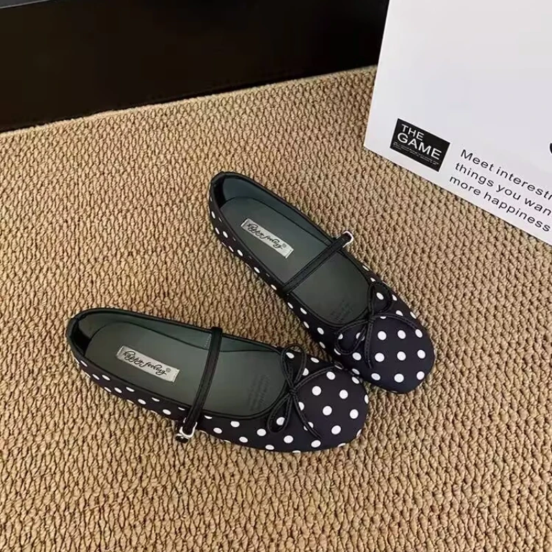 Spring Fashion Bow Designer Flat Shoes Polka Dot French Low-Cut Mary Jane Shoes Elegant Dress Party Women's Flat Shoes Selling