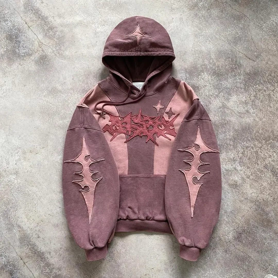 Harajuku Casual Gothic Hooded Pentagram Patch Hoodie Men's Retro Elastic Long Sleeve Couple's Zipper Hooded Kpop Clothes