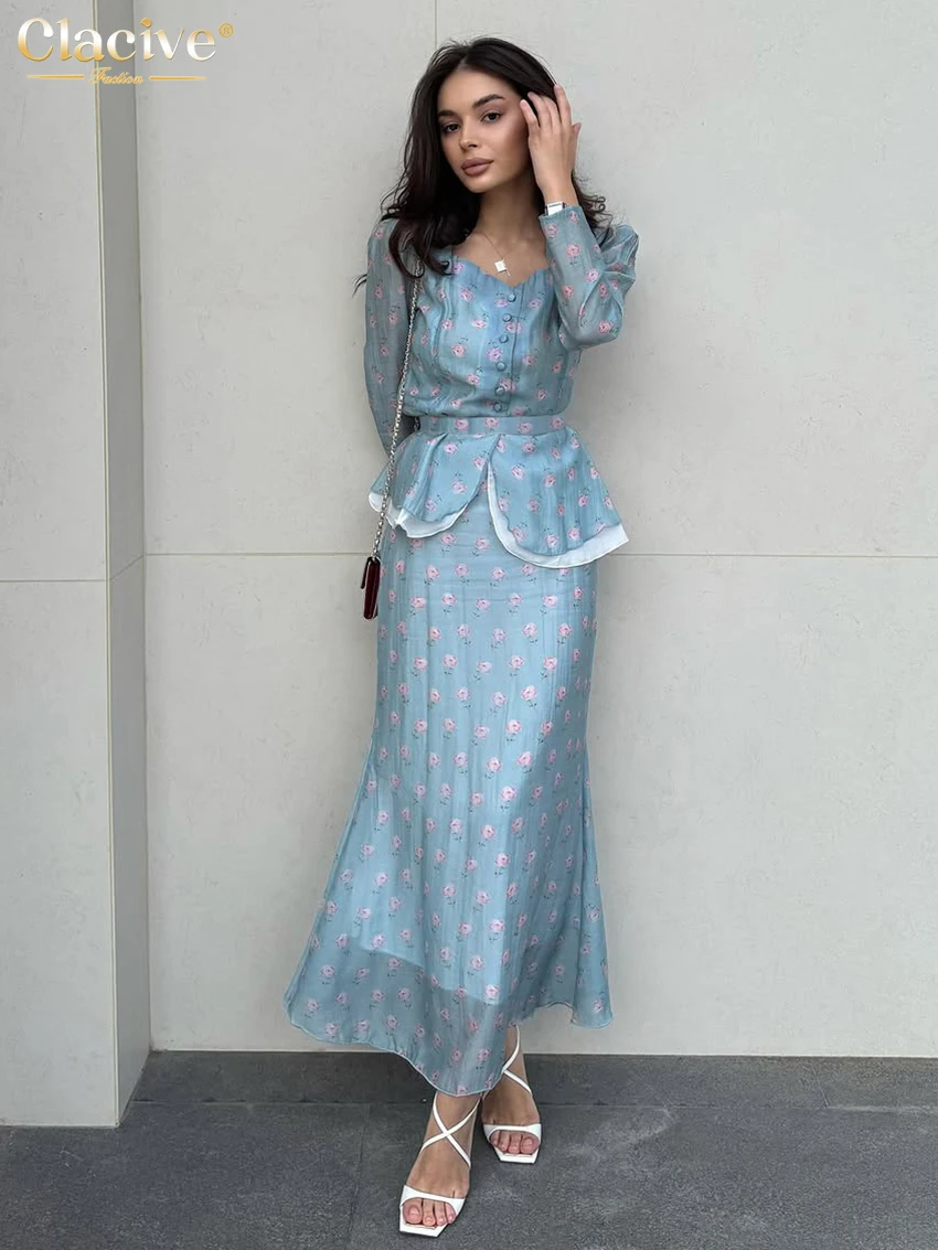 

Clacive Fashion Loose Print Women Two Pieces Set 2025 Elegant Long Sleeve Shirt With High Waist Long Skirt Set Female Streetwear