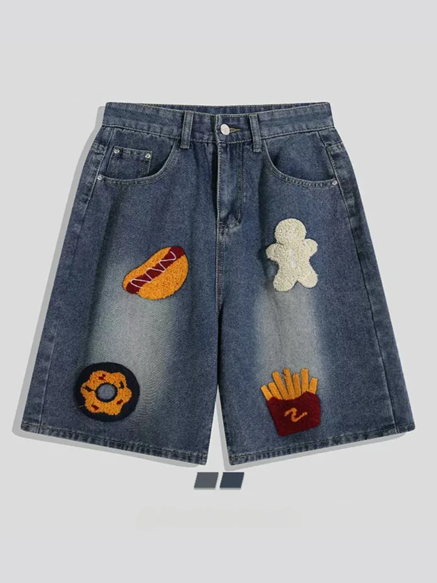 

Creative Towel Embroidered Denim Shorts Men's Summer High Street Loose Wide Leg Five-Quarter Mid-Pay Brand Casual Jeans