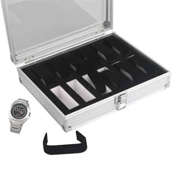 

Watch Display Box 12 Slots Aluminum Alloy Glass Case Lockable Showcase Organizer Silver for Watch Bracelet Collection