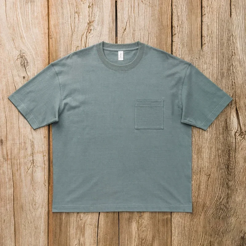 American Falling Wide Shoulder Loose T-shirt Men 265G Heavy 100% Cotton Tops Unisex Bucket Woven Chest Pocket Casual T-shirt