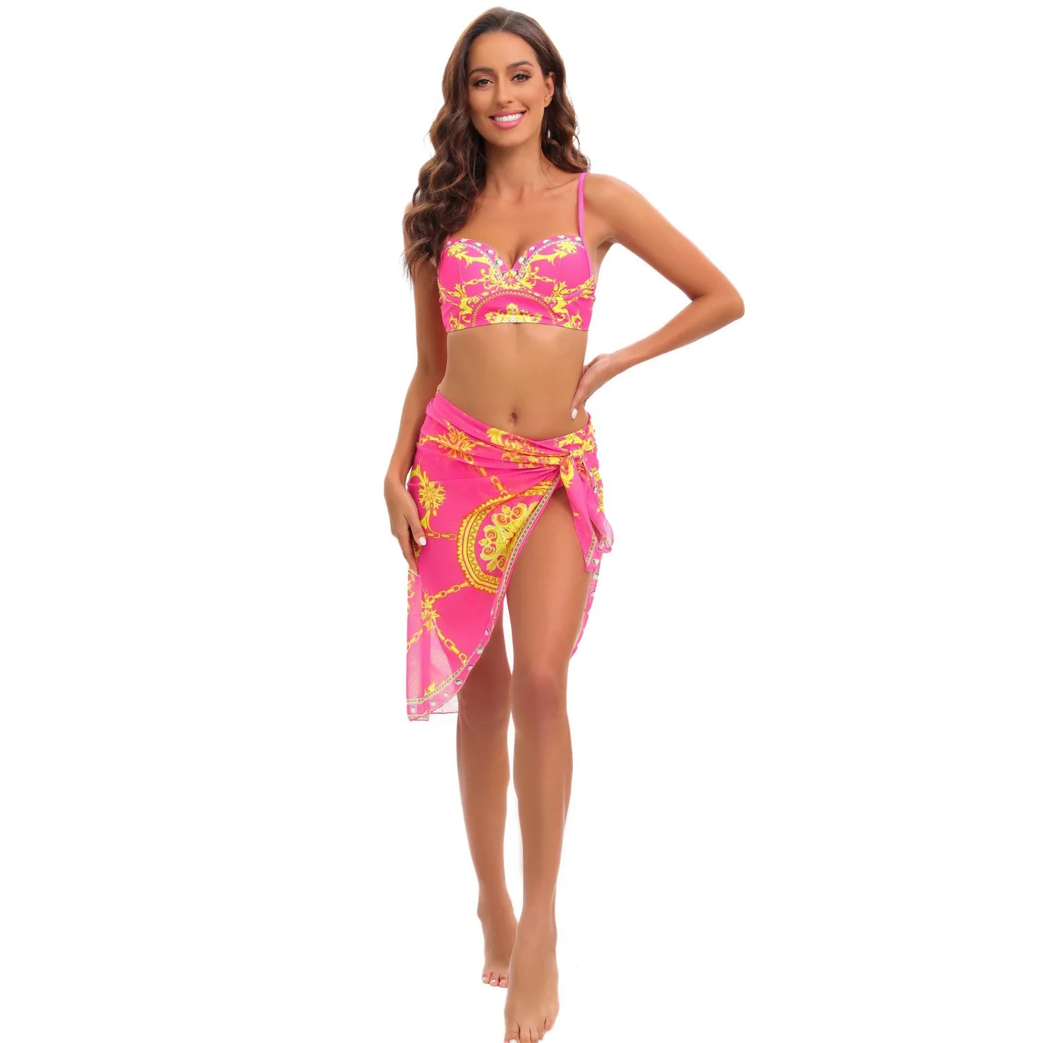 Conjunto de Bikini con realce para mujer, traje de baño con falda negro y dorado, estampado Sexy, ropa de playa, 3 piezas, 2024