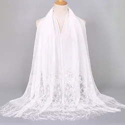 Lace Edges Scarf Hijab Woman Plain Maxi Shawl Wrap Flower White Foulard Soft Cotton Muslim Hijabs Scarf Catholic Veil Head Scarf