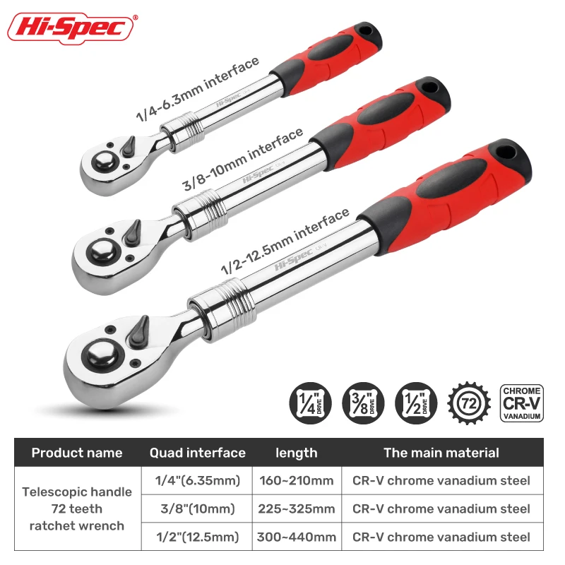 Hi-Spec Torque Ratchet Wrench 1/4 3/8 1/2 Inch Telescopic Socket Wrench Flexible Adjustable Wrench Spanner Hand Tools Wrenches