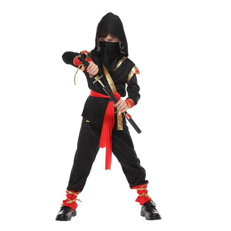 3-12Y Kids Ninja Samurai Cosplay Costume with Red Sword and Fork Full Set Japanese Warrior Cosplay Halloween Dress Up Costume