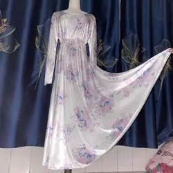 Floral Print Glossy Sexy Women Satin Long Dress Long Sleeve Loose Night Dress Plus Size Sleeping Robe