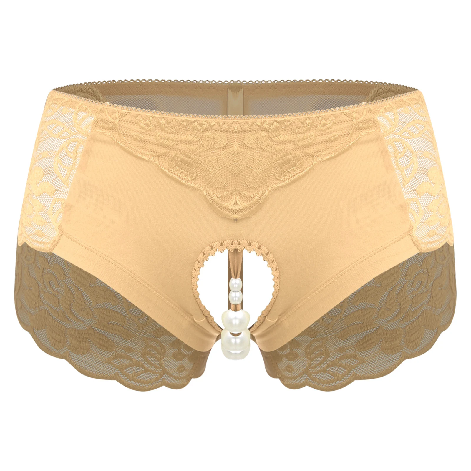 

Women Sissy Floral Lace Underpants Opening Crotch Lingerie Faux Pearl Decor Crotch for Couple's Tempting Stimulating Nightwear