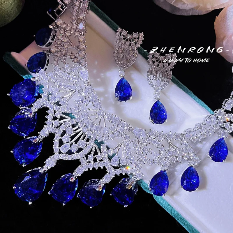 Newly Designed Full-Cut Drop Royal Blue Necklace Bridal Set