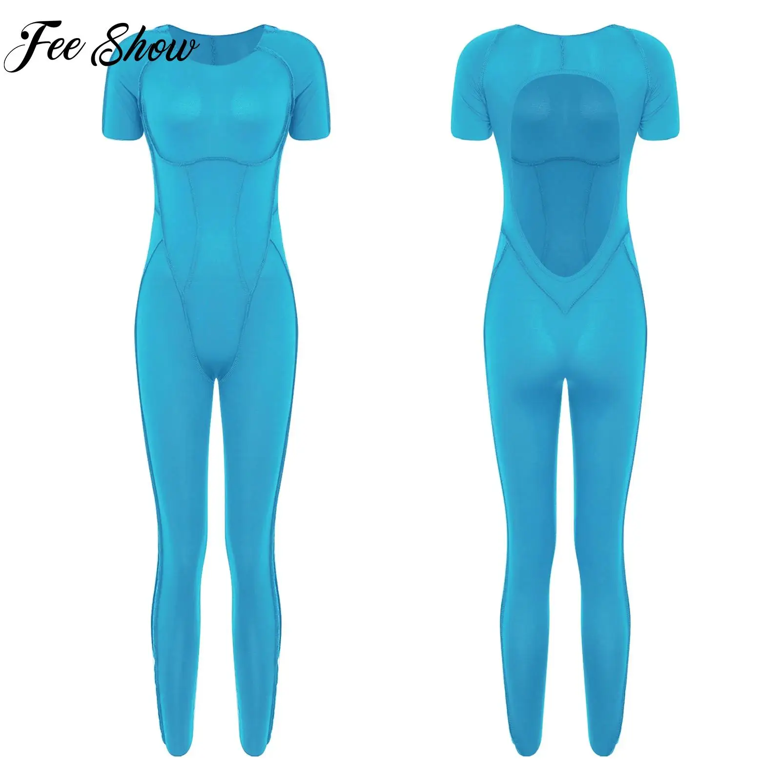 

Womens Yoga Jumpsuit Swimsuit Fashion Cutout Back Jumpsuit Crew Neck Short Sleeve Tight-Fitting Bodysuit for Gym Fitness Workout