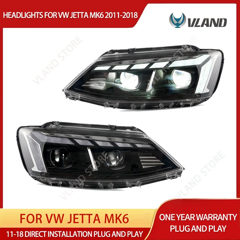 VLAND 2011-2018 VW Jetta MK6 LED Projector Headlights Front Lamps Assembly Set of 2