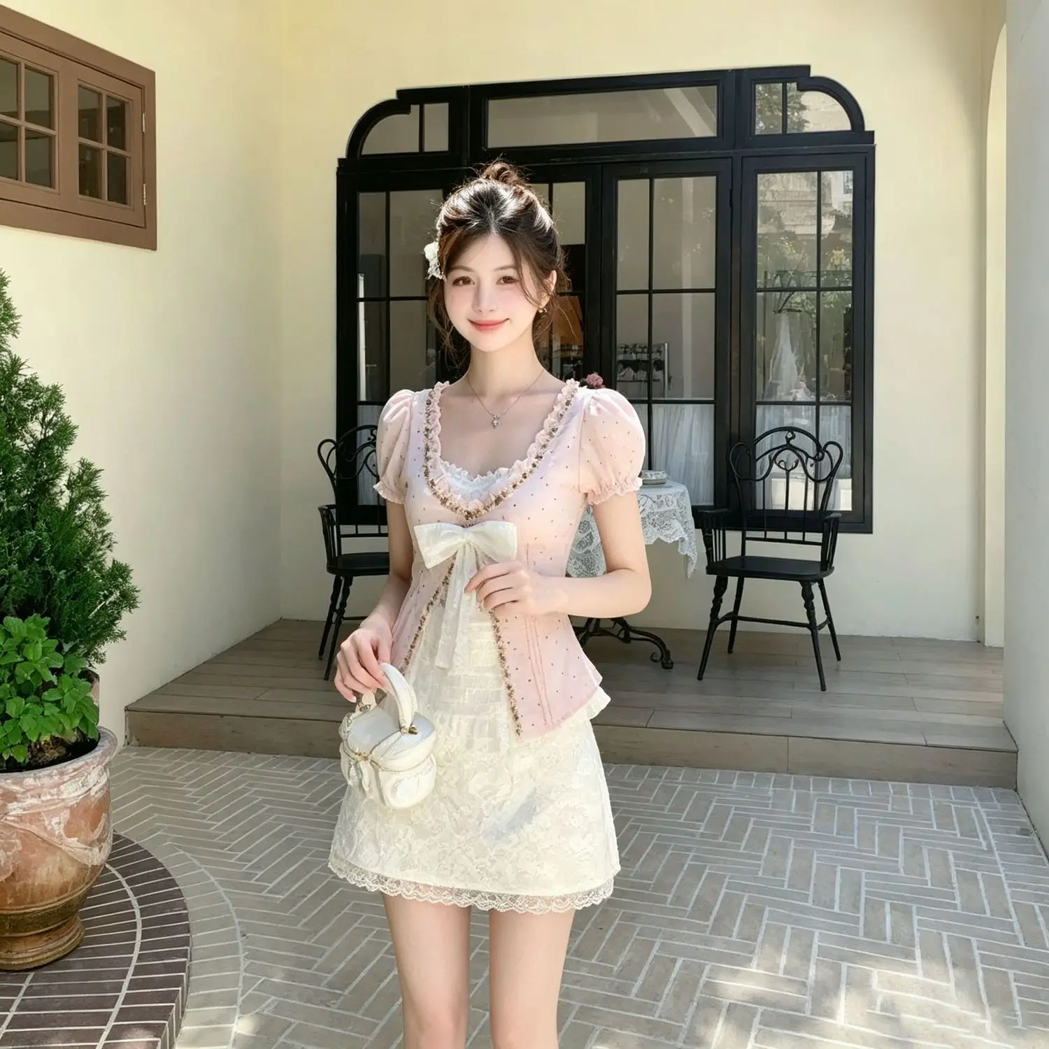 Coquette Sweet 2 Piece Set Women Polka Dot Puff Sleeve Bow Crop Top + High Waist Lace Mini Skirt Slim Fit Date Night Outfit 2026 - view 2