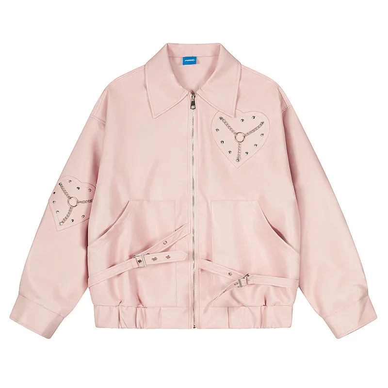

Women Rivet PU Leather Jackets American Sweet Cool Style Love Lapel Clothing Ladies Autumn 2025 Fall Loose Coats Faux Tops