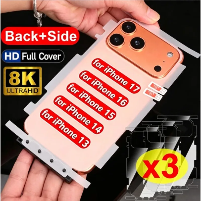3PCS Full Cover Back Frame Hydrogel Film & Border Stickers for iPhone 17 16 15 14 13 ProMax 17Air Back Side HD Clear Protector