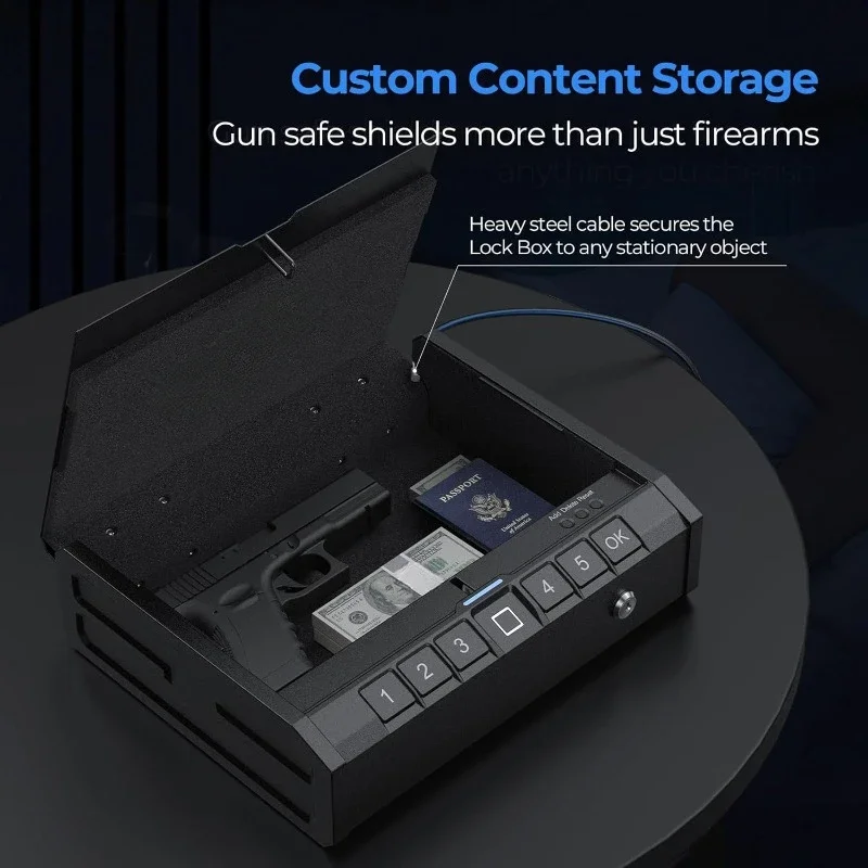 Quick-Access Pistol Safes with Fingerprint Lock, Keypad, and Emergency Features for Home, Bedside, Nightstand, and Car