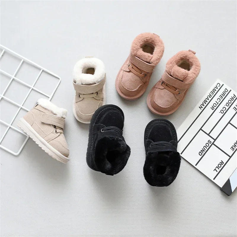 Children Boots Girls Geniune Leather Warm Plush Snow Boots Baby Boys Soft Sole Wearable Infant Cotton Shoes Size 15-25