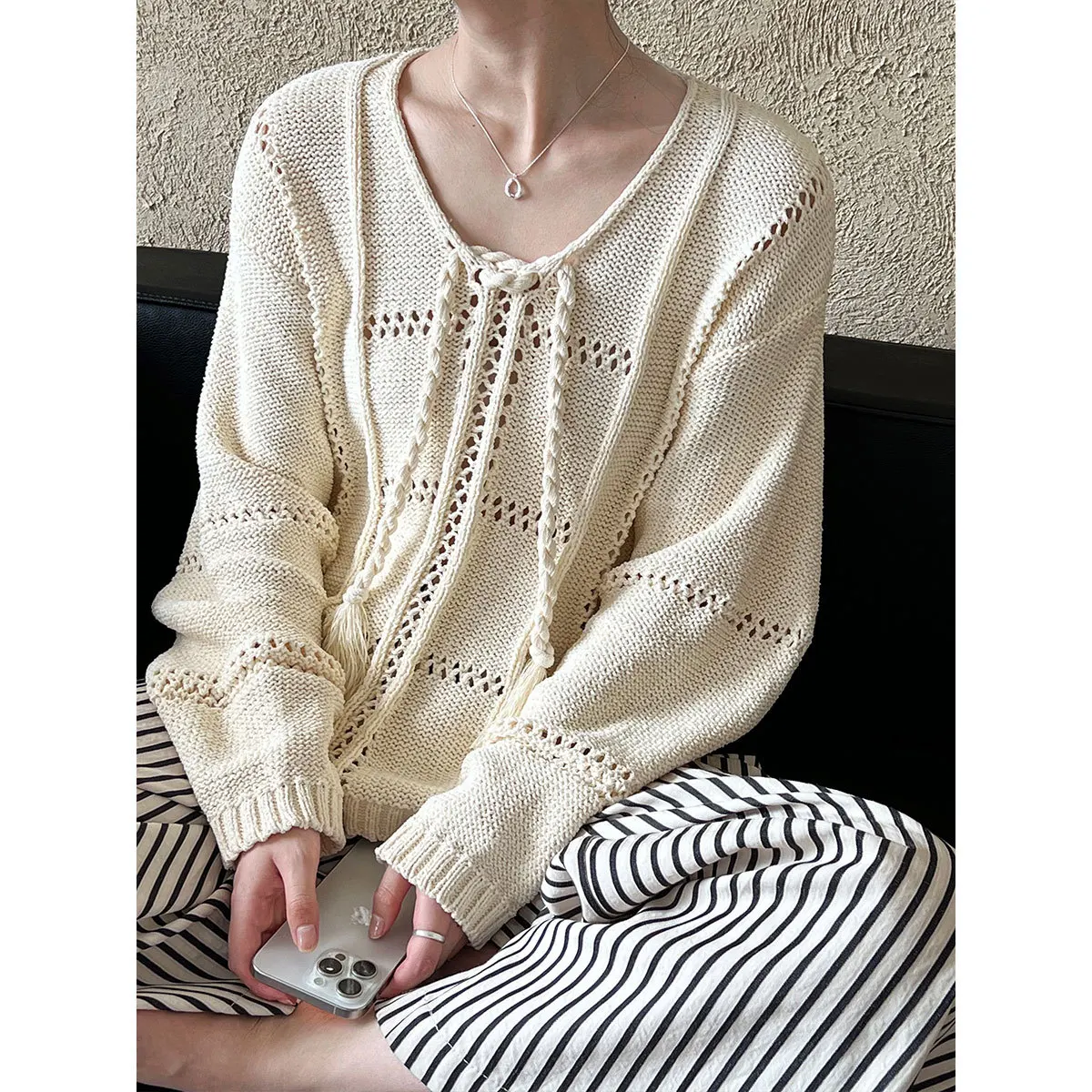 Braided Lace Up Knitted Sweater Top for Women, 2024 Autumn and Winter Hollow Out Lazy Sweet Style Loose Sweater