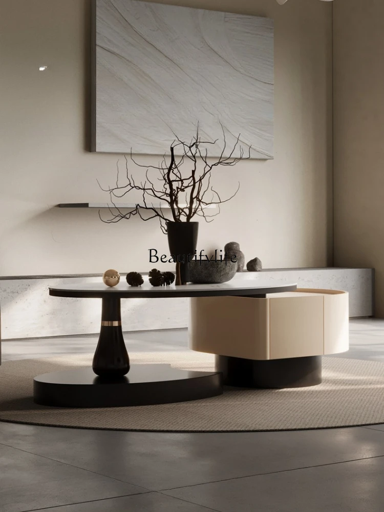 -*モダンライト高級岩スラブコーヒーテーブル小さなアパートのリビングルーム家庭用シンプルな楕円形のクリエイティブ無垢材コーヒーテーブル