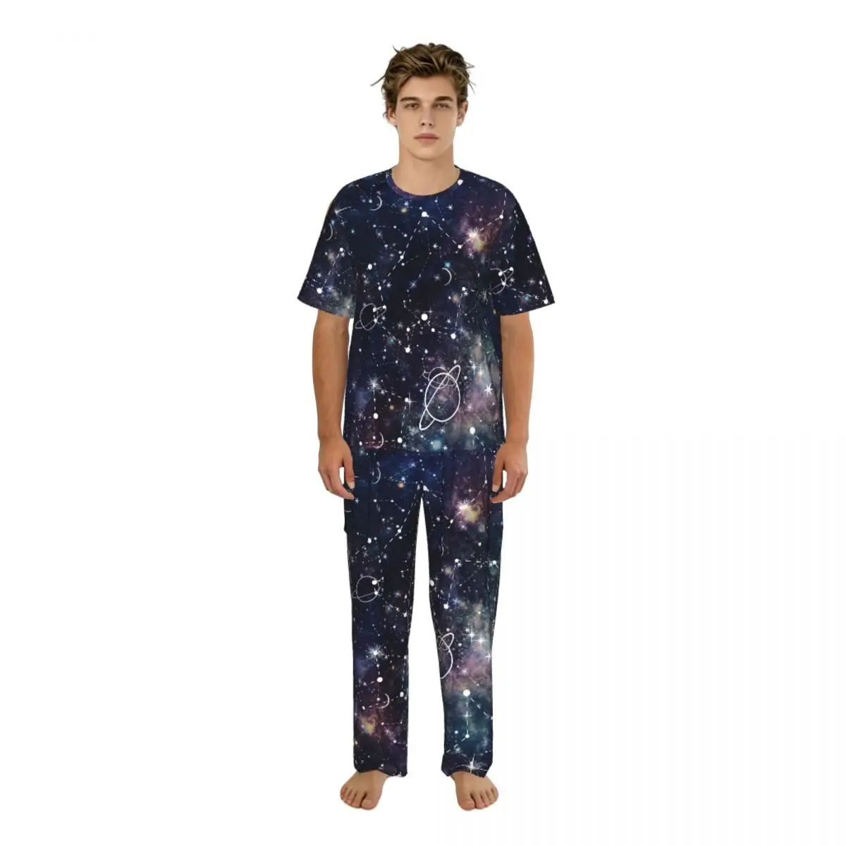 

Men Pajamas Suit Short Sleeved Long Pants Night Time Planet Star Constellation Galaxy Print Sleepwear Summer Home Clothing Set